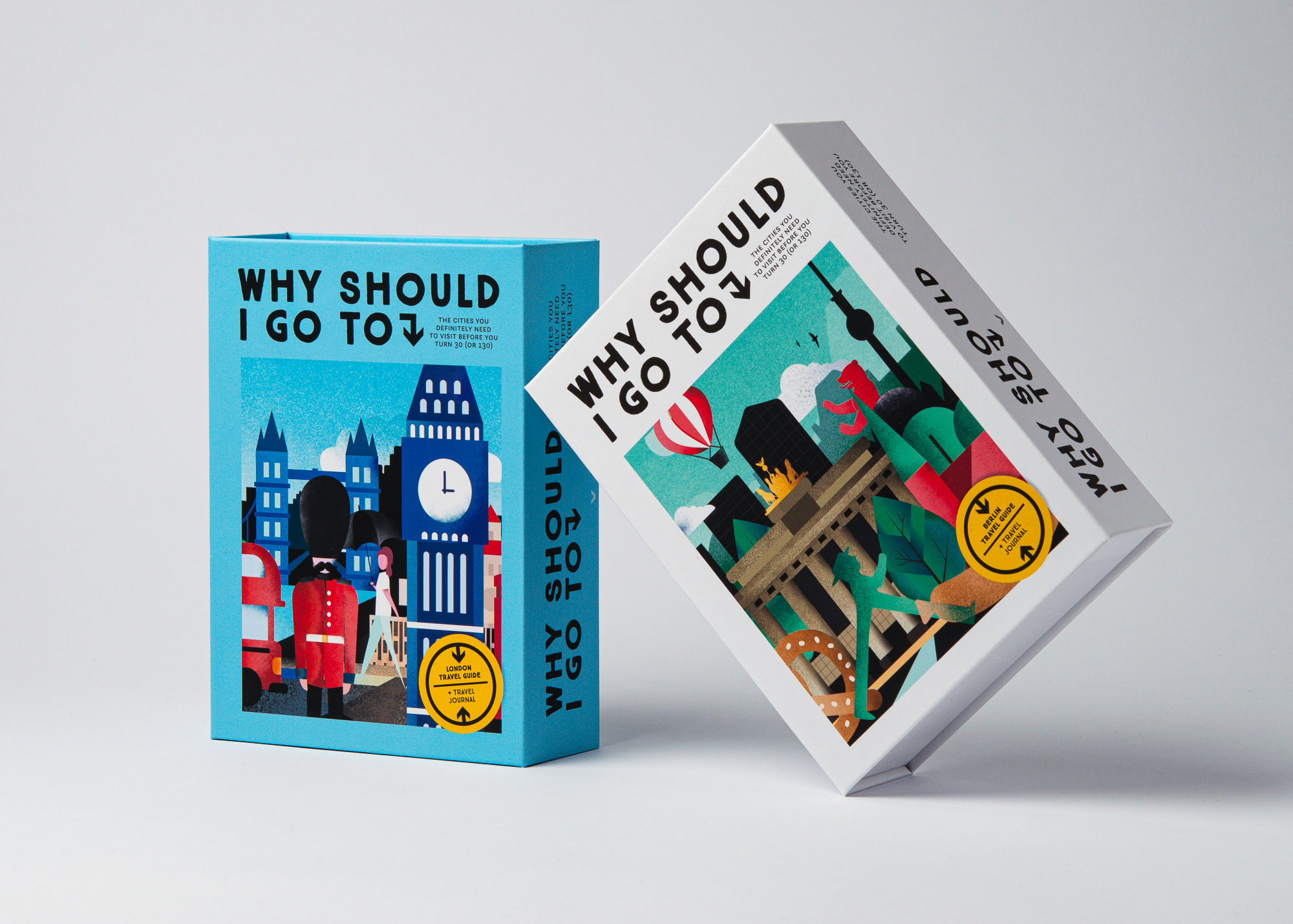 Zwei farbig illustrierte Boxen für Reiseführer zu London und Berlin