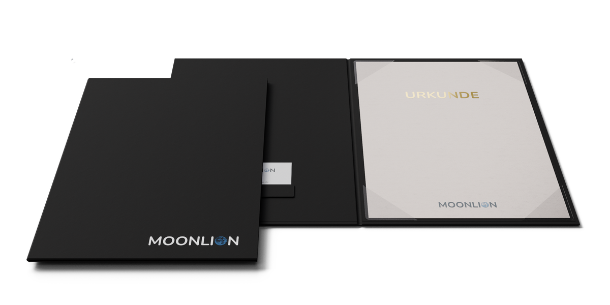 Schwarze Abschlussmappe: rechts mit vier transparenten Ecktaschen, links mit Visitenkartenfach.