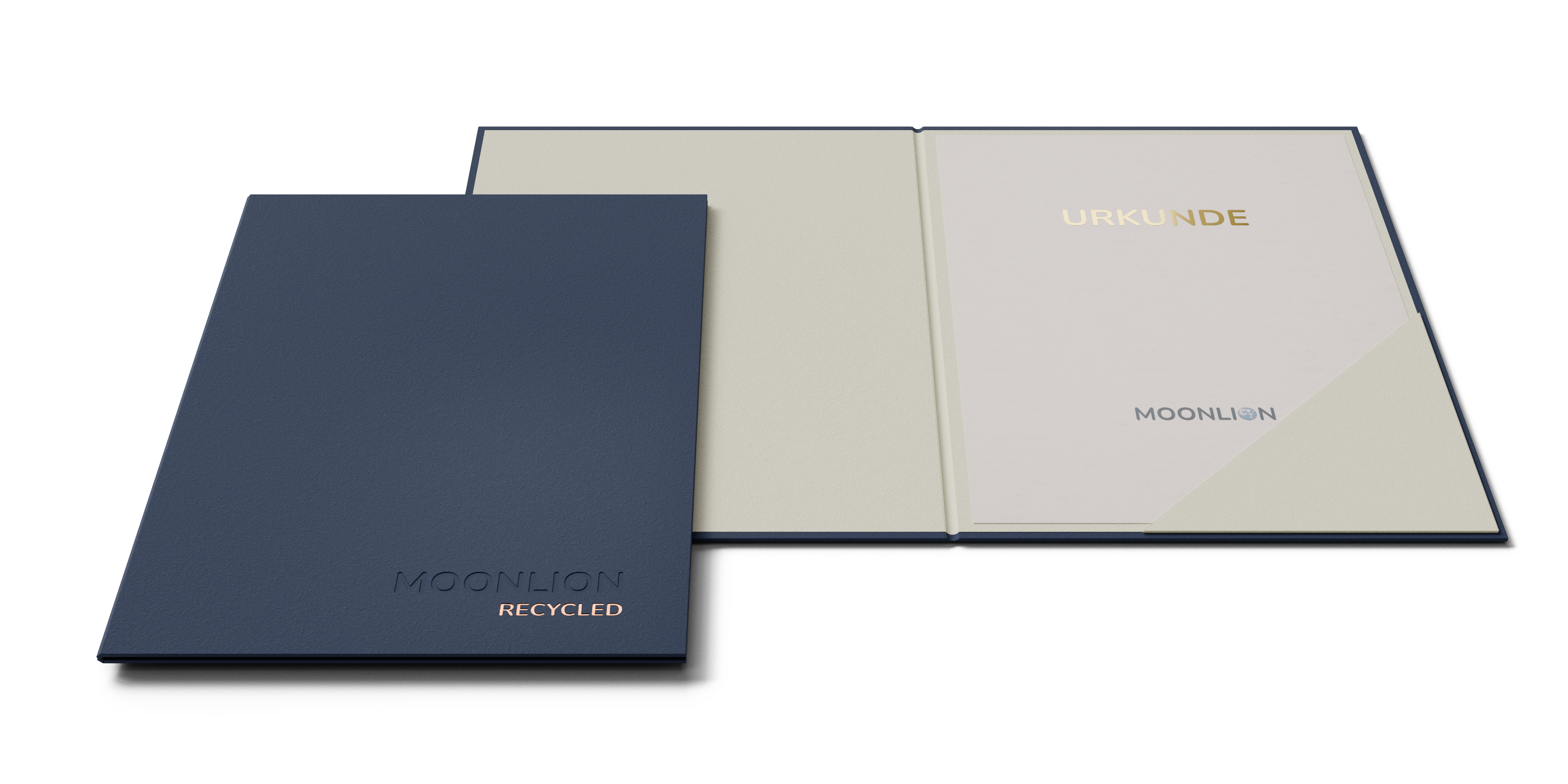 Blaue Urkundenmappe mit Eckfach, Blindprägung und Heißfolienprägung.