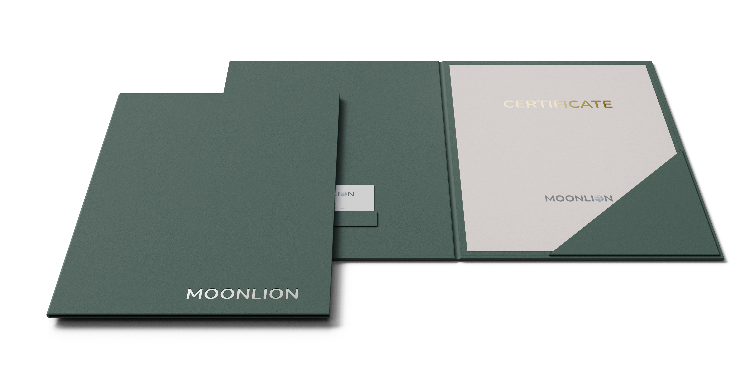 Green certificate folder: right side with a corner pocket, left side with a business card pocket. Finished with hot-foil stamping on the outside.