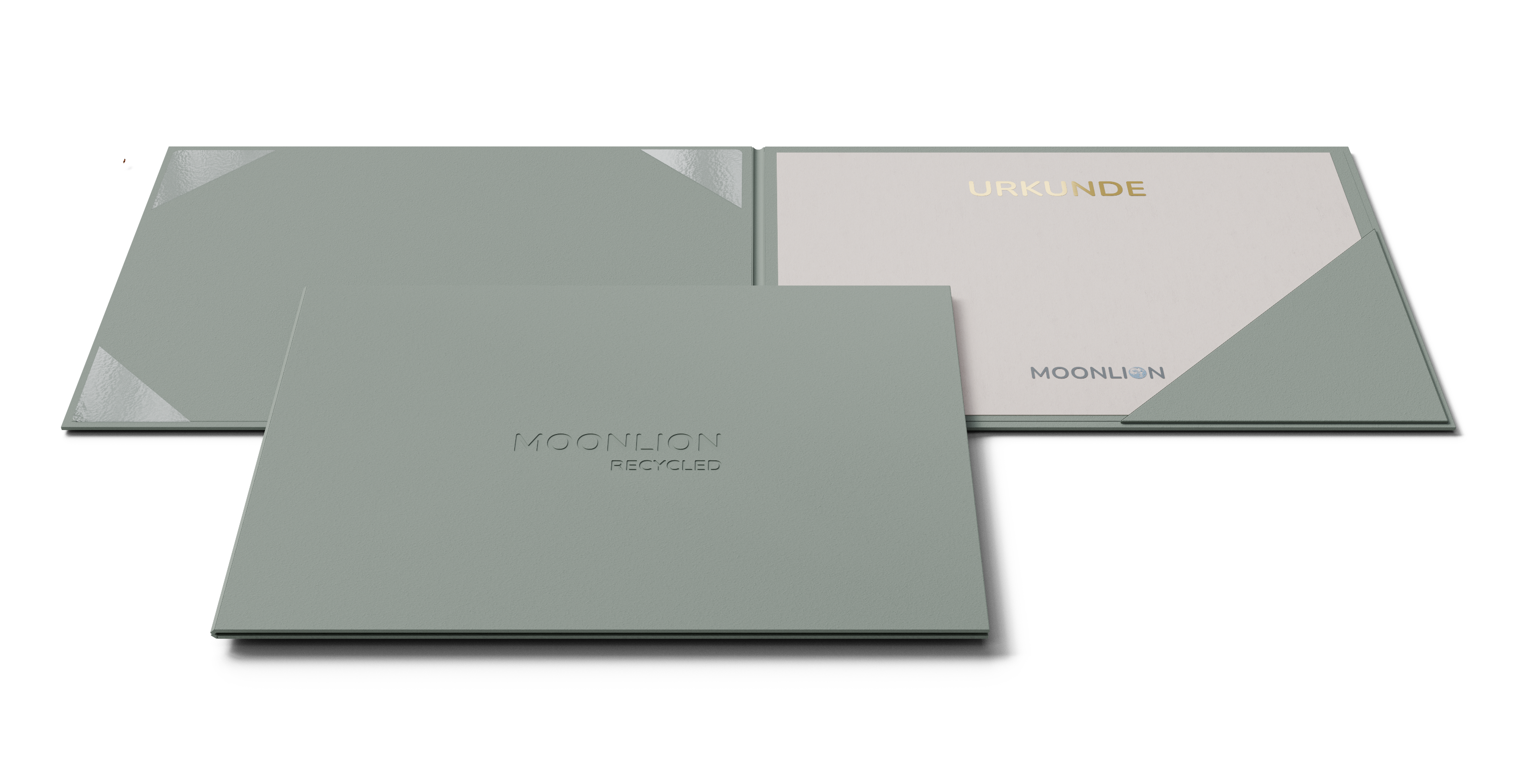 Mintfarbene Zertifikatsmappe: links mit vier transparenten Ecktaschen, rechts mit Eckfach. Außen mit Blindprägung veredelt.