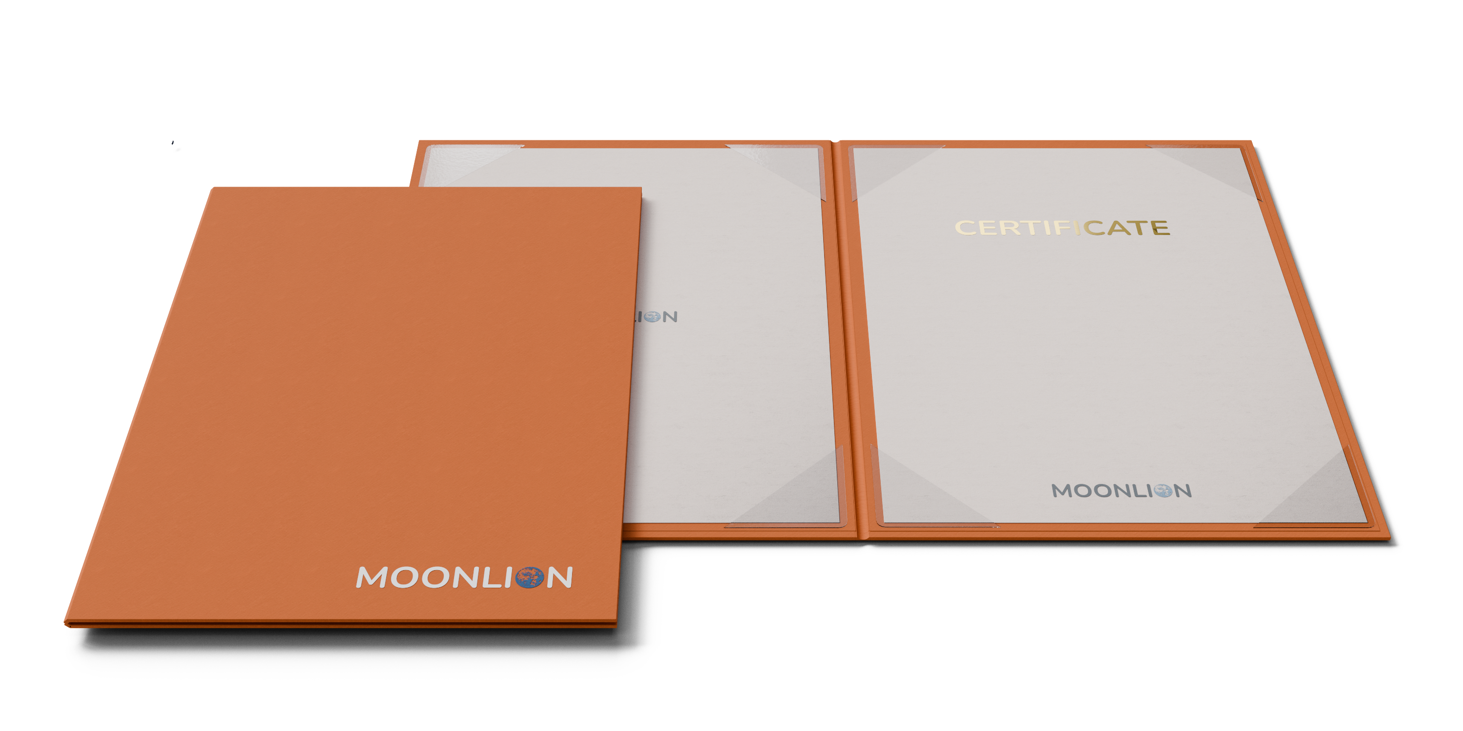 Orange certificate folder with four transparent corner tabs on both left and right sides, full-color printed on the outside.