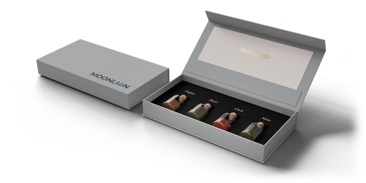 Hellgraue Magnetbox mit schwarzem Kartoninlay für mehrere Fläschchen.