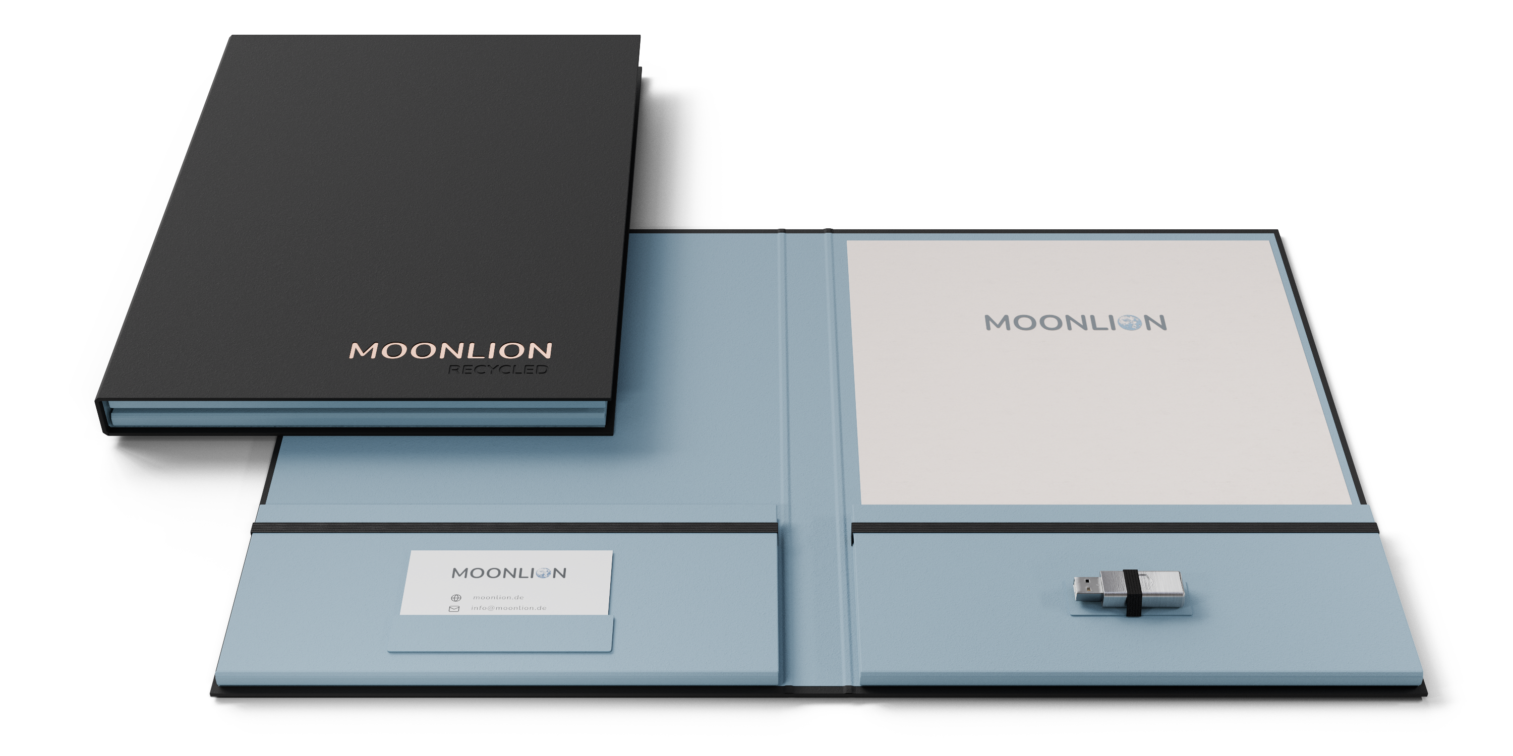 Schwarz-blaue Präsentationsmappe mit Heißfolienprägung, zwei Ablagefächern, Visitenkartenfach und integrierter USB-Halterung.