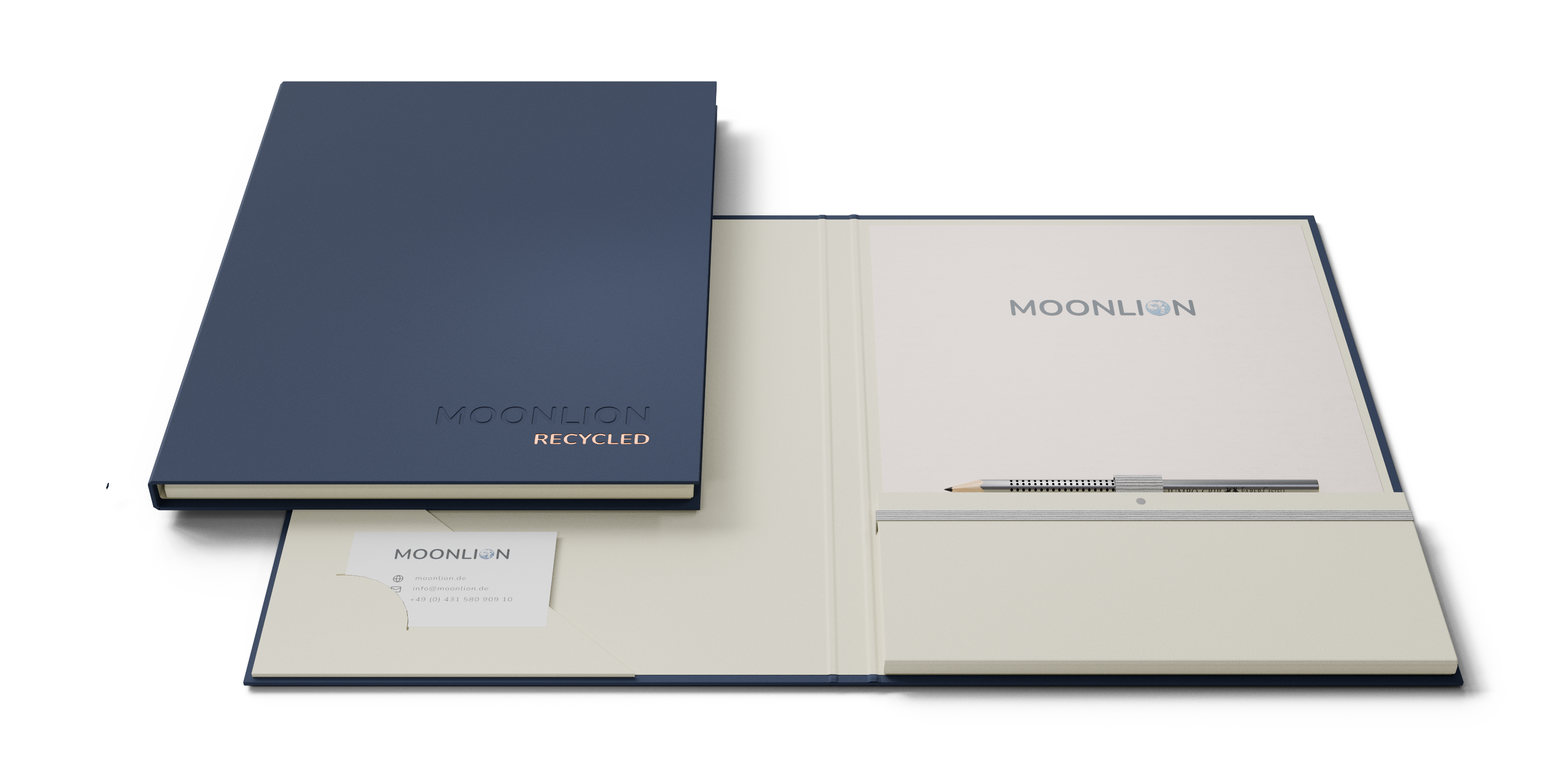 Zweifarbige Präsentationsmappe in Blau und Vanille mit Prägungen, zwei Ablagefächern, Stiftehalterung und Visitenkartenschlitz.